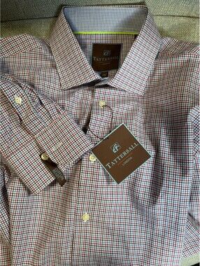 New Tattersall London Mens Shirt XL 17 34/35 Red Blue Check Long Sleeve Cotton